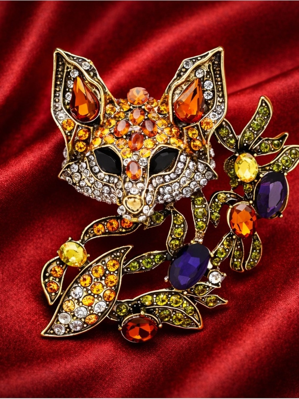 Luxury Fox Amber Crystal & Multicolor Rhinestone Brooch